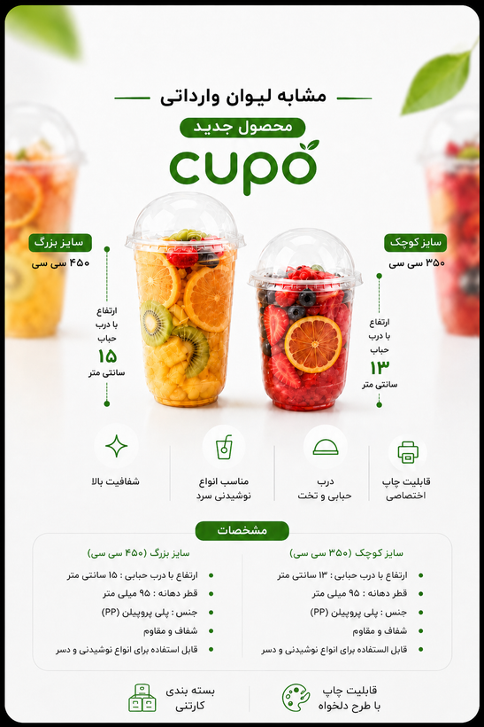 لیوان آیس pp 450 با درب تخت مشکی ۱۰۰۰ عددی - (Cupo) - لیوان آیس